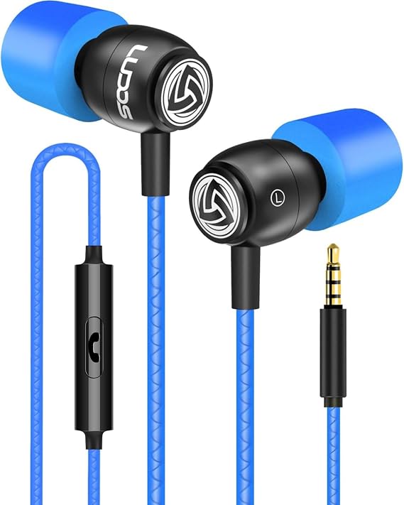 LUDOS Clamor Wired Earbuds in-Ear Headphones, Earphones with Microphone, Noise Isolating Ear Buds, Memory Foam for iPhone, Samsung, School Students, Kids, Women, Small Ears - Blue