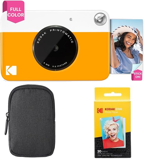 Kodak Printomatic Full-Color Instant Print Camera Starter Bundle + Carrying Case + Zink 20pk Photo Paper - Colorful Photos On 2x3 Sticky-Back Paper - Fun Gift for Birthday Christmas Holiday - Yellow