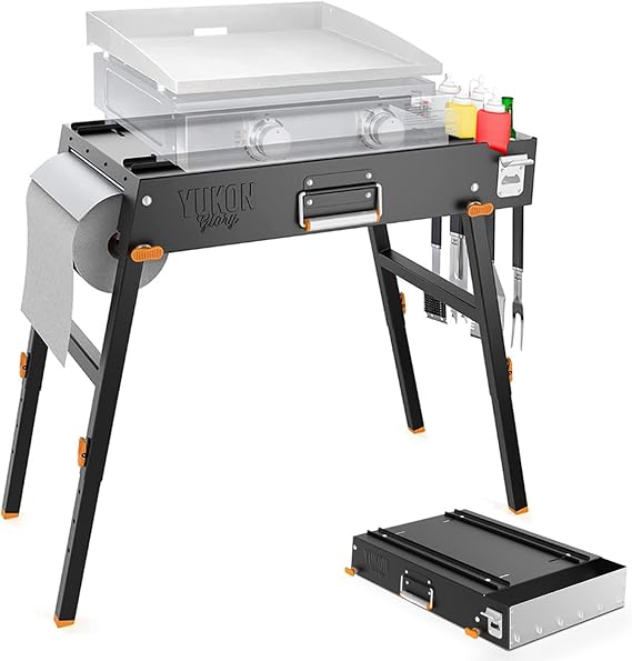 Yukon Glory Commercial-Grade Portable Grill Table & Griddle Stand for Blackstone & Other Tabletop Flat Top Griddles - Built-In Caddy - Outdoor Cooking, Camping & Tailgating
