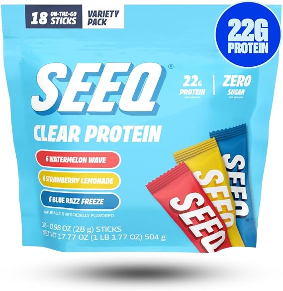 SEEQ Clear Protein Powder Packets - 18 Count Sample Pack - 22g Clear Whey Protein Isolate - Zero Sugar - 0g Lactose, Allergen-Friendly - GLP-1 Support - Post-Workout Recovery - Mixed Flavors