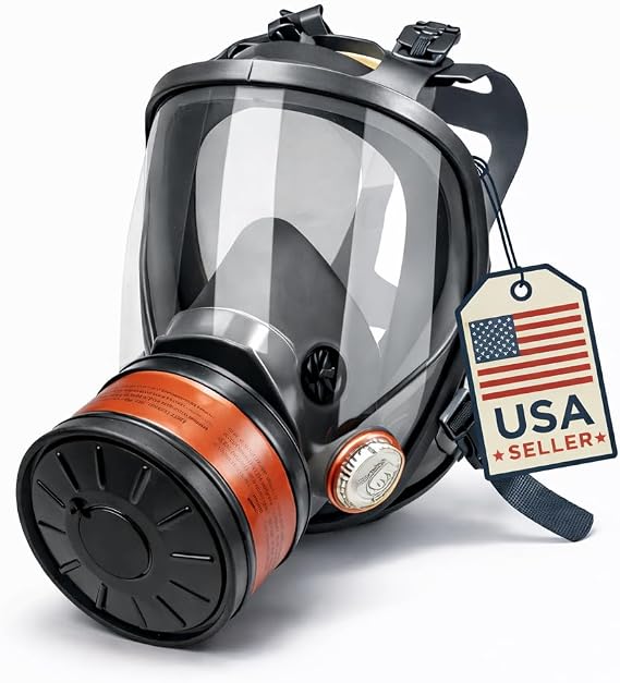 Full Face Organic Vapor Respirator - Protective Eye & Nose Shield with Anti-Fog Heavy Duty Lens & Adjustable - Chemical, Particulate Respirator. Includes 2 Filter Cartridges - Industrial Grade