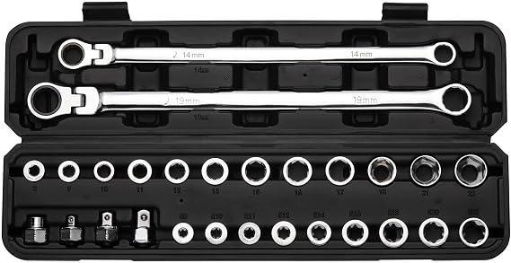 Mayouko 27PCS Extra Long Flex Head Ratcheting Wrench Set, 14 & 19mm Wrench, Double Box End Ratchet Wrench Set with E-Type 8-22mm Replacement Heads, 72 Tooth, CR-V Steel