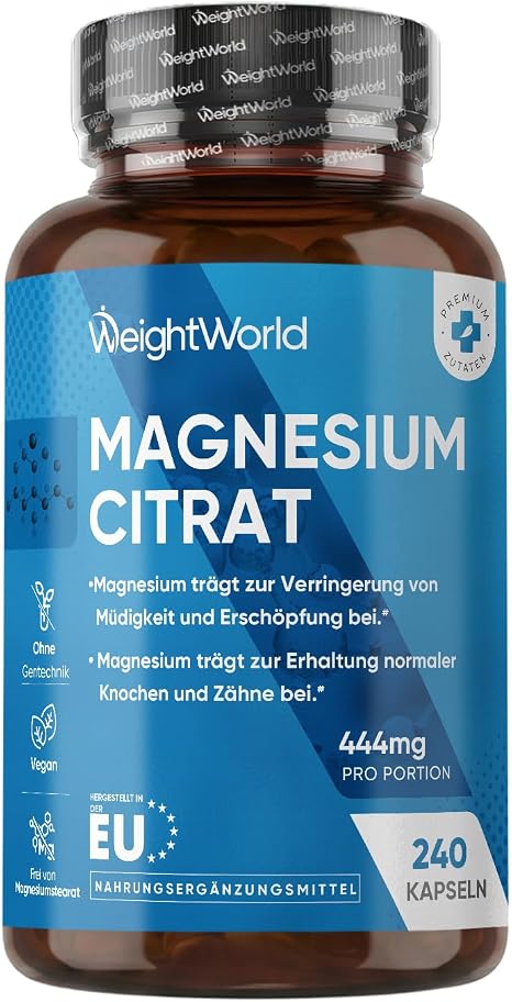 Magnesium Citrate Capsules Buffered – 444 mg Elemental Magnesium per Serving – 240 Vegan Capsules – 4 Month Supply Magnesium Helps Reduce Fatigue & Fatigue (EFSA) WeightWorld