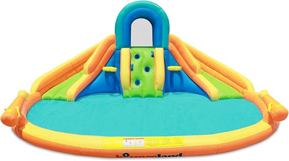 Bounceland Double Play Water Slide, 13.8 ft L x 13.8 ft W x 6.6 ft H, Water Park, Large Splash Pool, Outdoor Fun with Dual Slides, Water Spray, Climbing Wall, Active Play for Kids