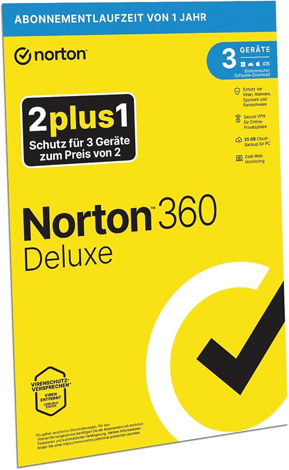 Norton 360 Deluxe 2026 2+1 3 Geräte 1 Jahr Aktivierungscode in Originalverpackung