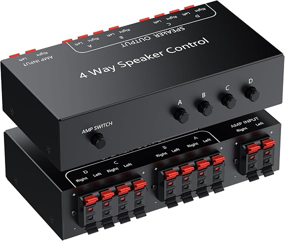 PROZOR 4-Zone Speaker Selector Switch, Passive Speaker Switch Box for 1 Amplifier to 4 Speaker Pairs, Independent A/B/C/D Buttons, 150W RMS per Channel, Supports 416 Passive Speakers