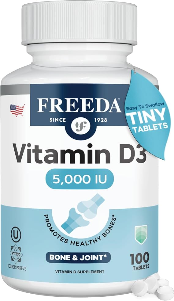 FREEDA Vitamin D3-5000 IU High-Potency Vitamin D for Bone Strength & Immune Support Easy-to-Swallow Tablets 100 Tiny Tablets | High Potency Vitamin D3 Supplement with 5000 IU Tablets - Support Bone Health, Muscle Function, Calcium Absorption