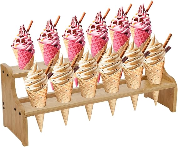 FINGERINSPIRE Bamboo Ice Cream Display Stand 2-Tier Ice Cream Cone Holder with 12 Holes Wheat Color Wood Waffle Cone Display Stand Ice-cream Display Riser Stands for Weddings Birthday Party Buffet