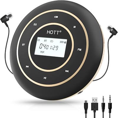 HOTT C105 Portable CD Player for Car with Bluetooth and FM Transmitter Rechargeable Compact CD Player with Touch Button Backlight Display for Home