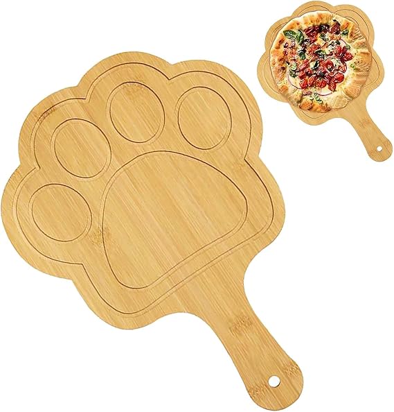 Wooden Pizza Plate, Pizza Paddle Serving Board Set Natural Bamboo, Thickened, Lightweight, Comfortable Hand Feeling, With Groove Guides & Handle, For Moving Pizza(7 inch Chubby Cat Paws,1pack)