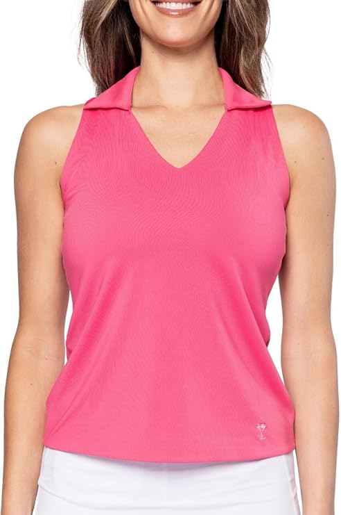 GOLFTINI Sleeveless V-Collar Golf Polo Shirt, Moisture-Wicking, Martini Logo Golf, Tennis & Activewear Hot Pink