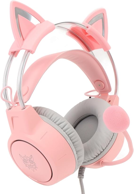 Cat Ear Headphones with Mic, Rainbow RGB Light Gaming Headset, Detachable Cat Ears, 3.5mm Wired Over Ear Headphones