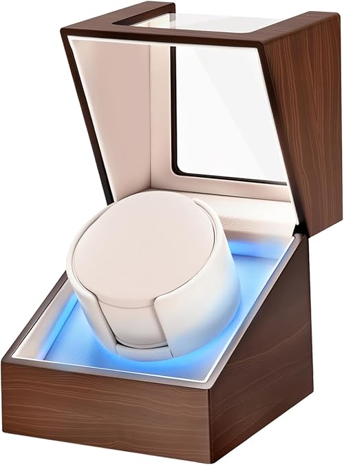 Premium Self Winding Rotating Wooden Watch Case with Soft Blue Ambient Light