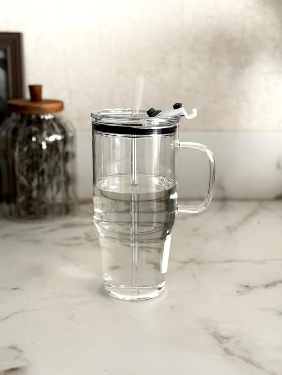 Vovo Concept 1200 ml Büyük Boy Cam Termos – Mika Kapaklı Pipetli Termos Bardak