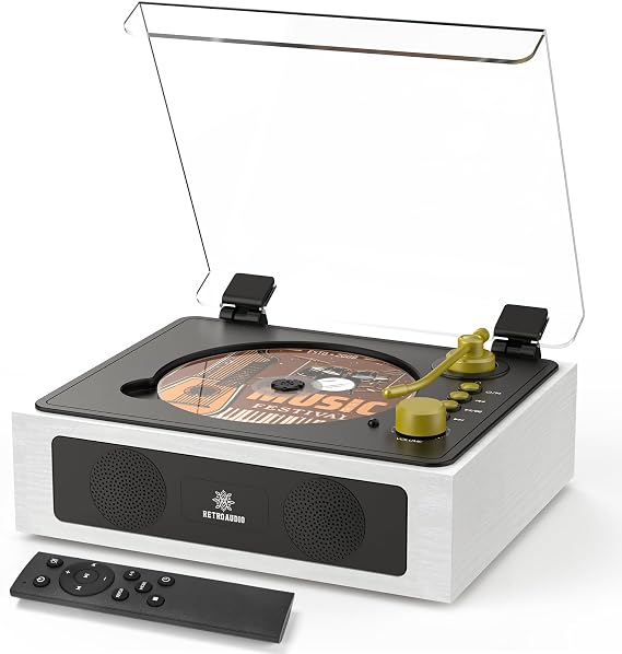 CD Player with Built-in Speakers Bluetooth Retro Portable CD Players for Home Music Player with Remote Control Headphone Jack (White)