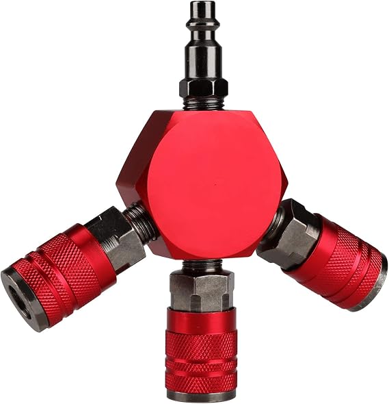 Hromee 3-Way Air Manifold 4 Ports Aluminum Industrial Flat Hex Quick Connect Air Hose Splitter with 3 Steel Couplers and 1/4" Male NPT Plug