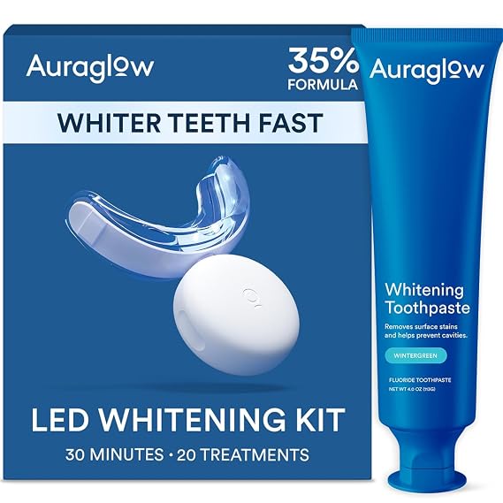 Auraglow Teeth Whitening Kit with LED Light & Whitening Toothpaste, 35% Carbamide Peroxide Gel, 20+ Treatments, Whiten Up to 10 Shades