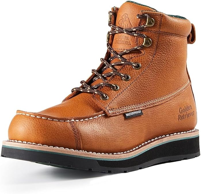 Golden Retriever 6'' Work Boots for Men, Full Grain/Crazy Horse Leather, Composite/Soft Moc Toe, Waterproof EH Safety Boots, Coolmax Insole Work Boots, Oil & Slip Resistant Wedge Outsole G6155-G6355