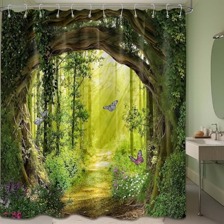 Spring Enchanted Forest Shower Curtains for Bathroom Green Tree Nature Mountain Shower Curtain Sets Unique Decorative Bath Decor, Waterproof Cloth Fabric with Hooks 70x72 inch