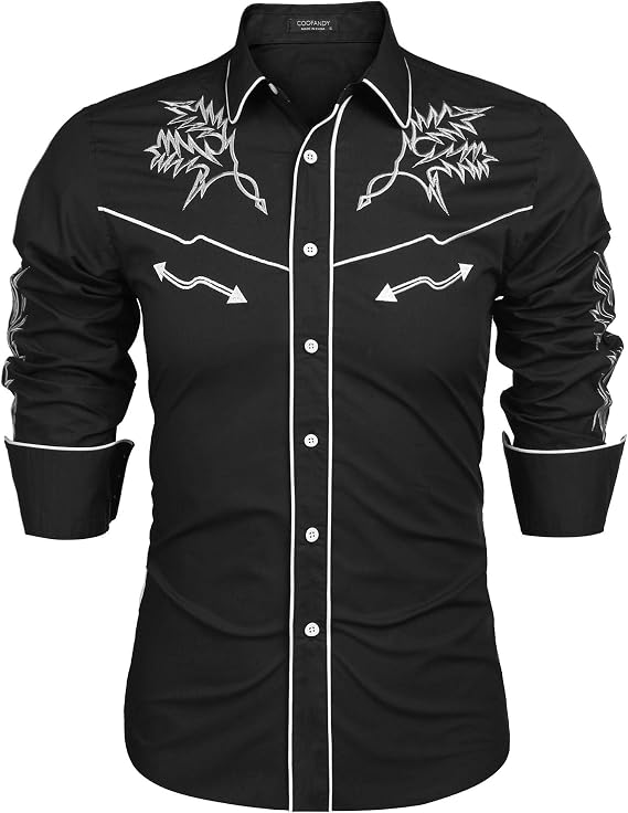 COOFANDY Men's Western Cowboy Shirt Long Sleeve Embroidered Shirt Slim Fit Cotton Casual Button Down Shirt
