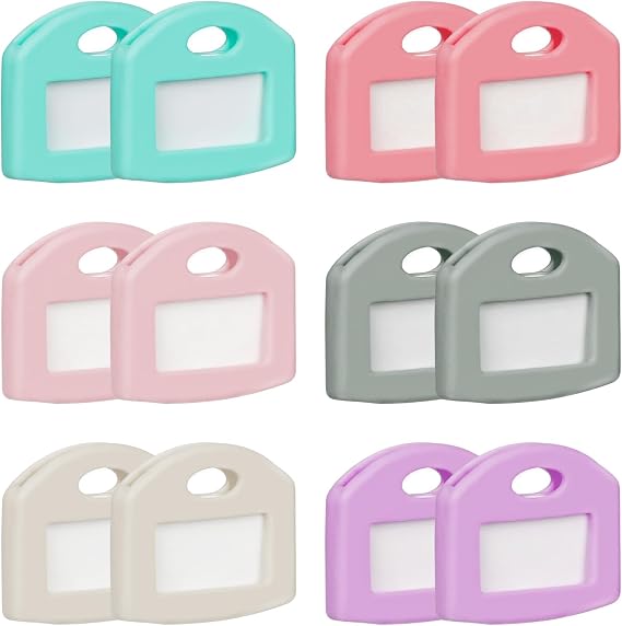 Uniclife 12 Pcs Key Covers Caps 1 Inch Key Covers Protectors with Clear Windows and Blank Paper Labels, Soft Key Identifiers for Standard Regular Thin Flat House Keys, 6 Colors (Not for Odd-Shaped)