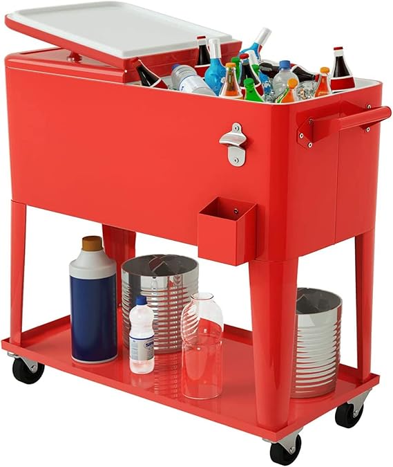 Giantex 80 Quart Rolling Patio Cooler Cart with Bottom Storage Shelf & Drain, Outdoor Ice Chest with Lockable Wheels, Bottle Opener & Cap Catcher, for Party Poolside Backyard BBQ