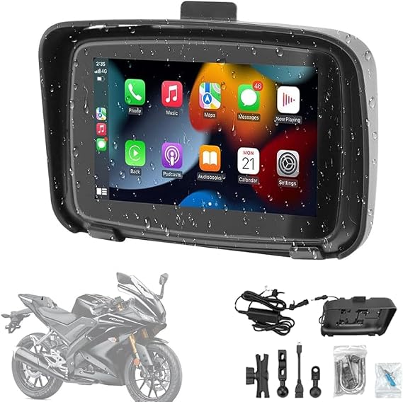 Wireless CarPlay & Android Auto Motorcycle Navigation Device 5" Touch Screen Portable Bike Navigator Dual Bluetooth Built-in Speaker Powered by UBS Cable IPX7 Waterproof