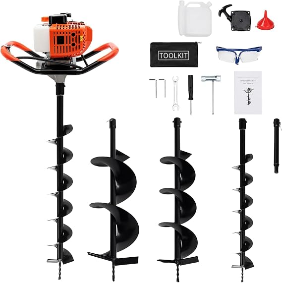 GDAE10 52CC Post Hole Digger 2-Stroke 2.4HP Gas Powered Auger Post Hole Digger,Earth Auger with 3 Drill Bits 4" 6" 8" and 12" Extension Rod