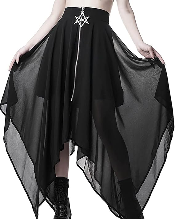 AULKEEP Goth Pleated Tulle Midi Skirt Women Black Asymmetrical Mesh Boho