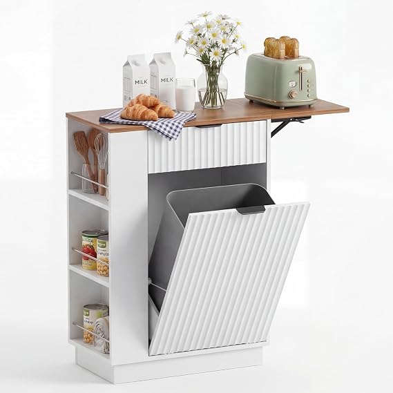 10 Gallon Fluted Trash Cabinet with Drawer, Drop Leaf, Side Shelf