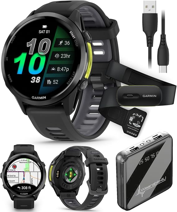 Garmin Forerunner 970 Carbon Gray DLC Titanium Smartwatch with Black Case and Black/Translucent Whitestone Band, AMOLED Display with Garmin HRM 600 S Power Bank Bundle