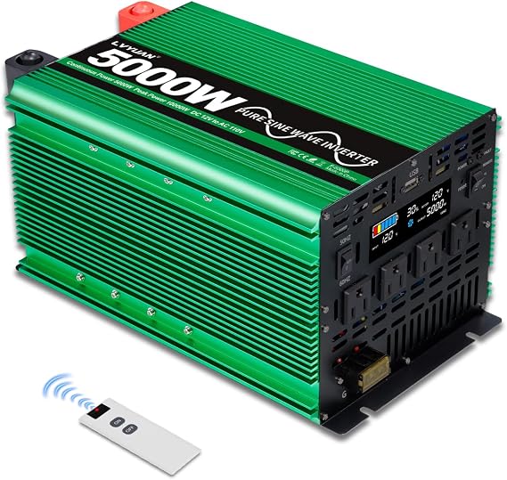 LVYUAN 5000 Watt Pure Sine Power Inverter 12V to 110V 120V DC to AC Converter with 4 AC Outlets, LCD Display, USB Charge Port, Remote Control for Home RV Vehicle Outdoor Camping Car Power Inverter