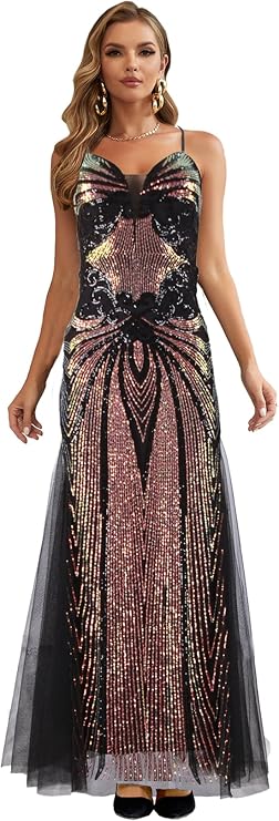Angel-fashions Women's Sequined V-Neck Gown Elegant Tulle Evening Dress with Criss-Cross Back Straps