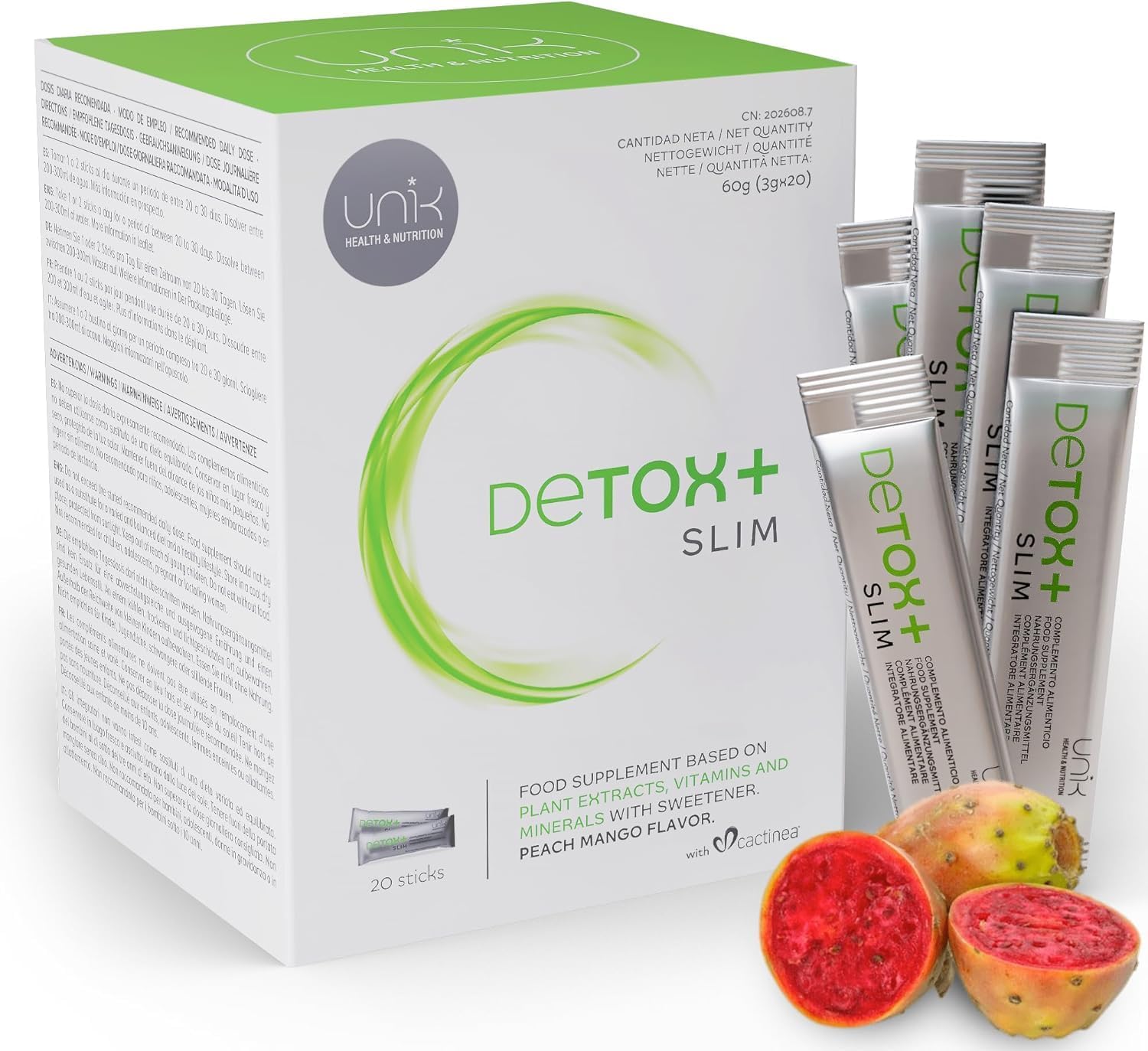 Green Helper Super Greens Food with Cactinéa + Milk Thistle + Artichoke + Green Tea + Ginger & Grape Seed - Green Helper 20 Sticks Mango Peach Flavour - Without Sugar & Gluten - Unik