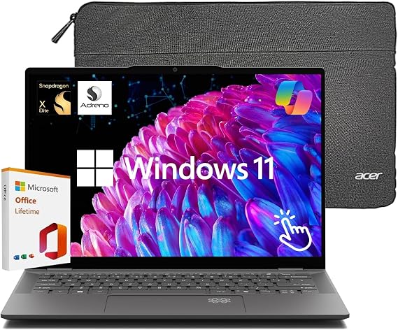 Acer Swift 14 Laptop, 14.5 2560 x 1600 120Hz Touchscreen, 12-Core Snapdragon X Elite Processor, 16GB LPDDR5X 512GB SSD, 26 Hour Battery, WiFi 7, FP, Copilot AI, Windows 11 with Lifetime MS Office