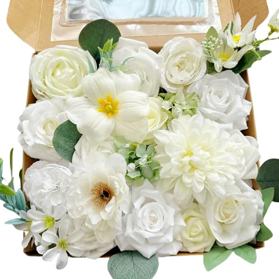 White Artificial Flowers Box Set Wedding Silk Fake Flowers for DIY Bouquets Table Centerpieces Garland Wreaths Baby Shower Party