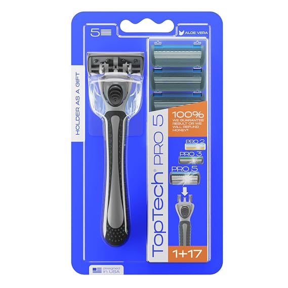 Toptech PRO 5 Razors for Men - Manual Shaving Razor & Replaceable Cartridges - 5-Blade Technology - 18 Count Pack (1 Handle + 17 Refills) - Soft Shave & Sharp Blades - Cost-effective Refill
