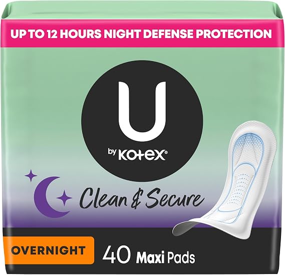 U by Kotex Maxi Pads with Wings, Clean & Secure, Overnight Absorbency, 40 Count (Packaging May Vary)