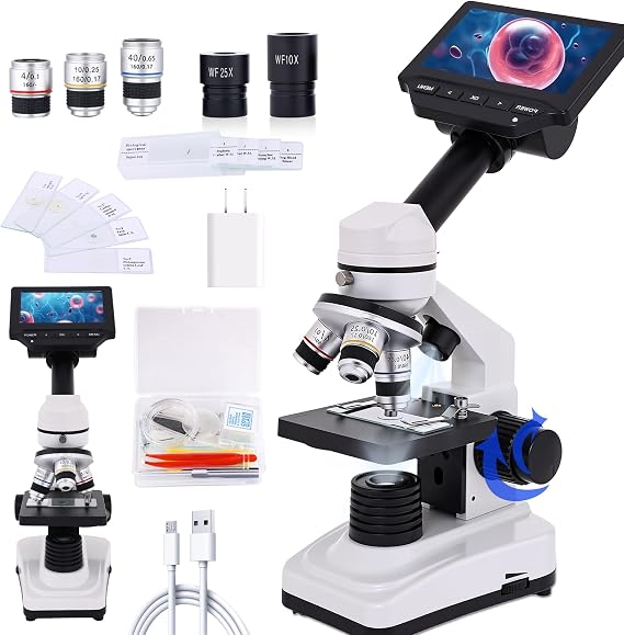 Microscope for Kids & Adults, 40X-2500X High-Power Compound Microscope for Students (Gray White)