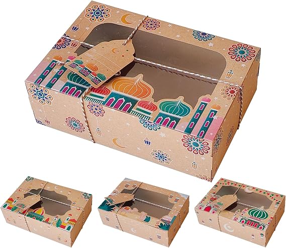 4Pcs Cookie Boxes with Window, Pastry Boxes for Baked Goods, Clear Printing Parties Small Kraft Paper Treat Box, Bakery Boxes with Window for Cookies, Snacks, Chocolate, Candy, Cakes