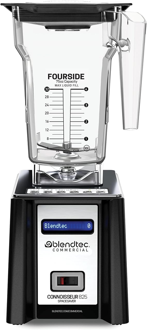 Blendtec Connoisseur 825 SpaceSaver Blender (Black) & 75oz* FourSide Jar | Commercial Blender with Reduced Footprint for Tight Spaces, 42 Preprogrammed Cycles for Consistent Results