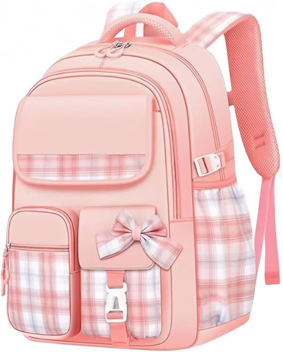 mygreen Girls Plaid Bow Backpack, Cute School Bookbag, Lightweight Waterproof Backpack, Breathable Multi Compartment Daypack, Large Capacity Casual Travel Backpack for Kids Teens Girls Ages, Pink