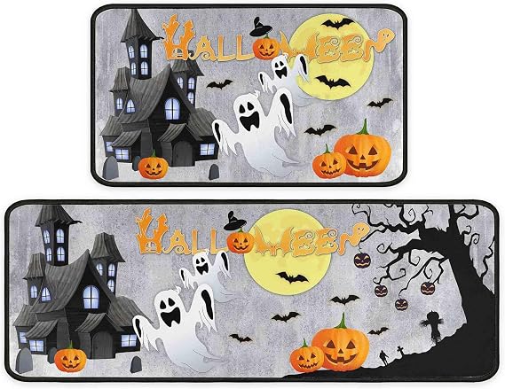 Halloween Kitchen Rug Set of 2 L-Shape Mats, Grey, 17"x47"+17"x30"