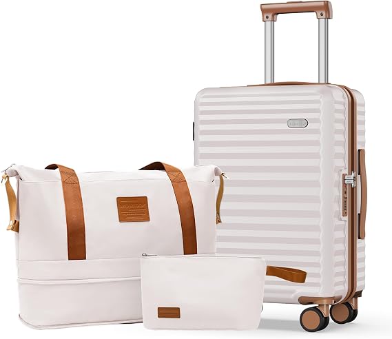 SHOWKOO Carry on Suitcase 20-Inch PC Luggage with Duffels Bag, Beige White