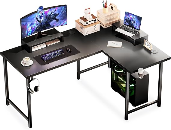 LUCKRACER L-Shaped Gaming Computer Desk,62.2 Gaming Table inch PC Writing Study Desk with Movable Monitor Stands for Home Office, Black