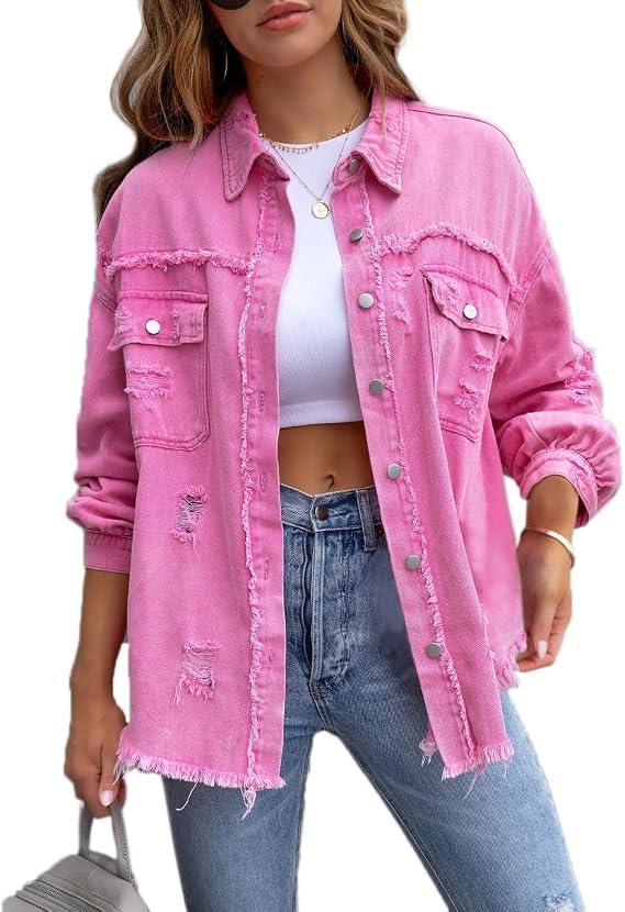 Women's Oversized Denim Jacket Distressed Casual Long Boyfriend Blouse Shacket Jacket