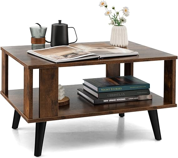 LIFEZEAL Coffee Table 2 Levels Vintage Side Table Coffee Table with Open Shelf Living Room Coffee Table Industrial Sofa Table for Living Room & Office Retro