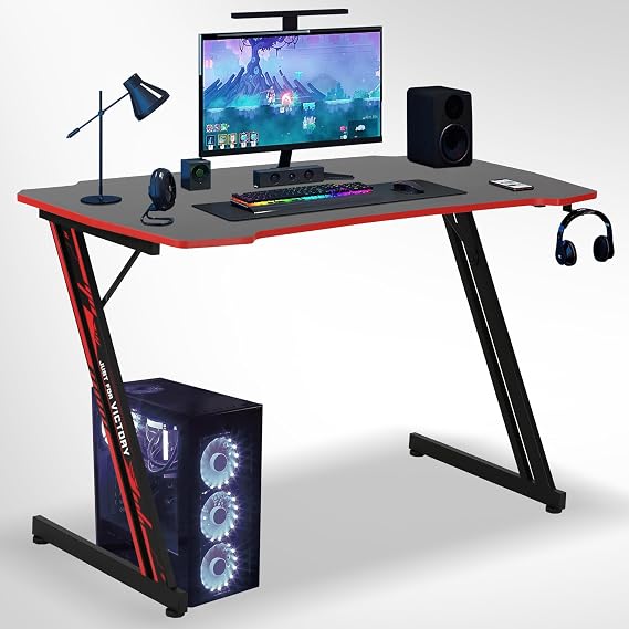 Large Gmaing Desk 47 inch PC Computer Desk, Z Shaped Gaming Table Ergonomic Gaming Workstation with Headphone Hook for Home Office, Red
