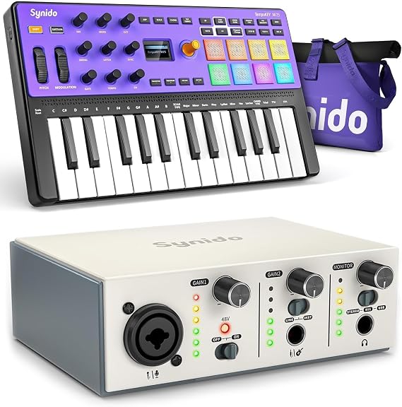 Wireless USB C MIDI Controller Keyboard 25 Keys Rechargeable with 8 Velocity RGB Pads and Live Solo USB C Audio Interface for Recording Music, Streaming, Podcasting