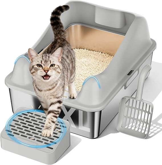 GTPLAYER Stainless Steel Cat Litter Box - XL Extra Large Litter Box for Big Cats, High-Sided Metal Pan with Pedal Filter & Scoop Holder, Anti-Leakage Non-Stick 304 Steel, Easy Clean Design Silver Gray